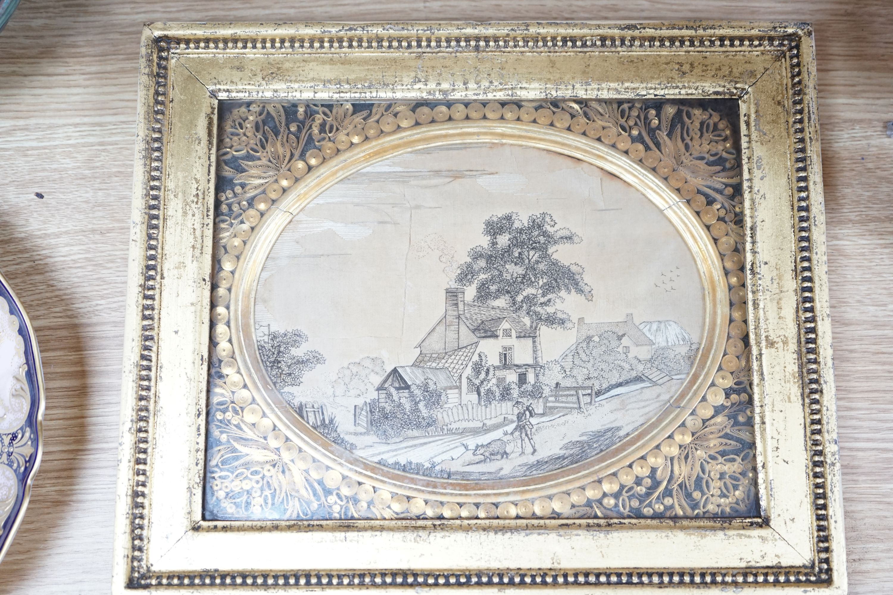 A pair of late Georgian rolled paperwork frames, containing embroidered silk pictures, 28x33cm external